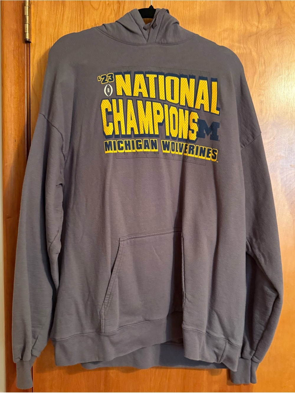 Hanes Men's Gray Hoodie Sweatshirt with Yellow Michigan Wolverines Print